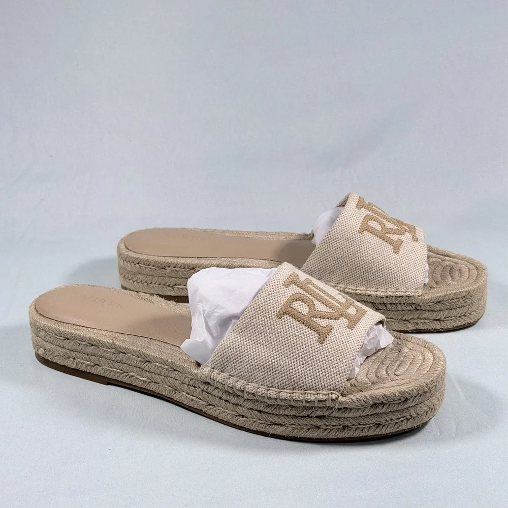 Lauren Ralph Lauren Size-9M Women's Polly Espadrille Flat‎ Sandals Beige Denim